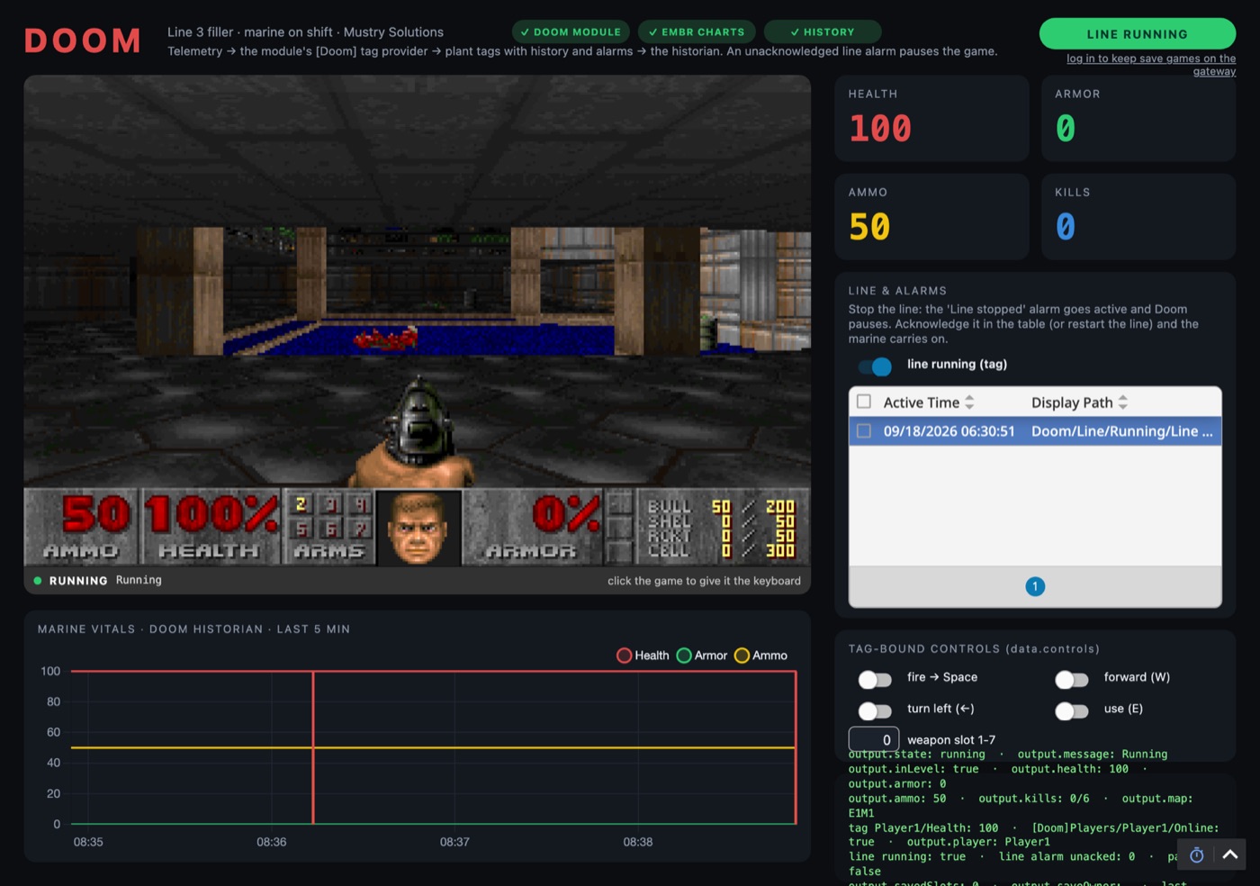 Doom control room demo with tag tiles, alarms and a health trend